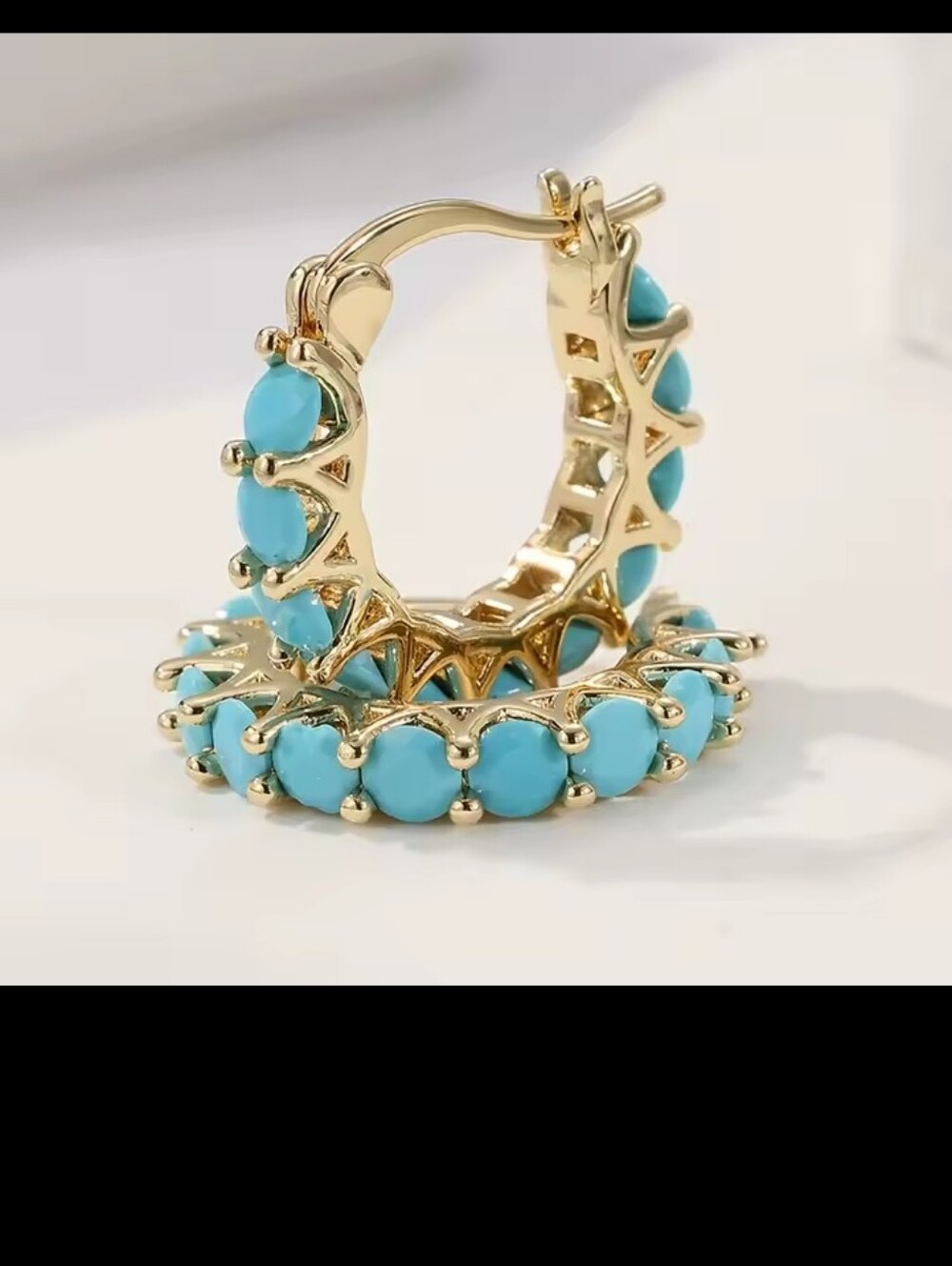 Gold Hoop Earrings with Turquoise Women's New G19 - Picture 3 of 4